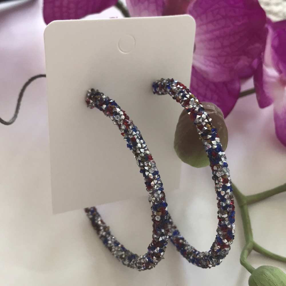 Red Silver & Blue Glitter Hoop Earrings - Picture 1 of 5